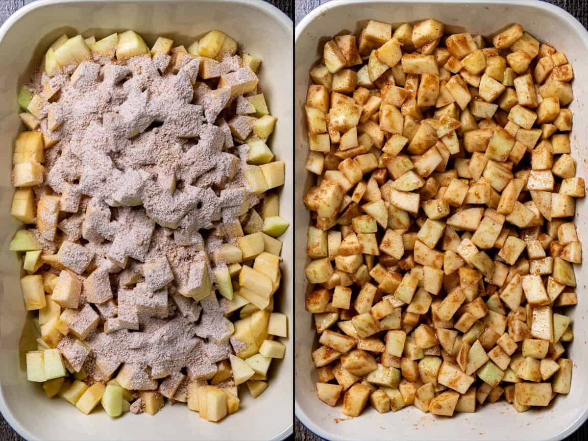 On the left: apple chunks in a baking dish, covered with flour, sugar, and spice mixture. On the right: dry mixture and apples mixed together.