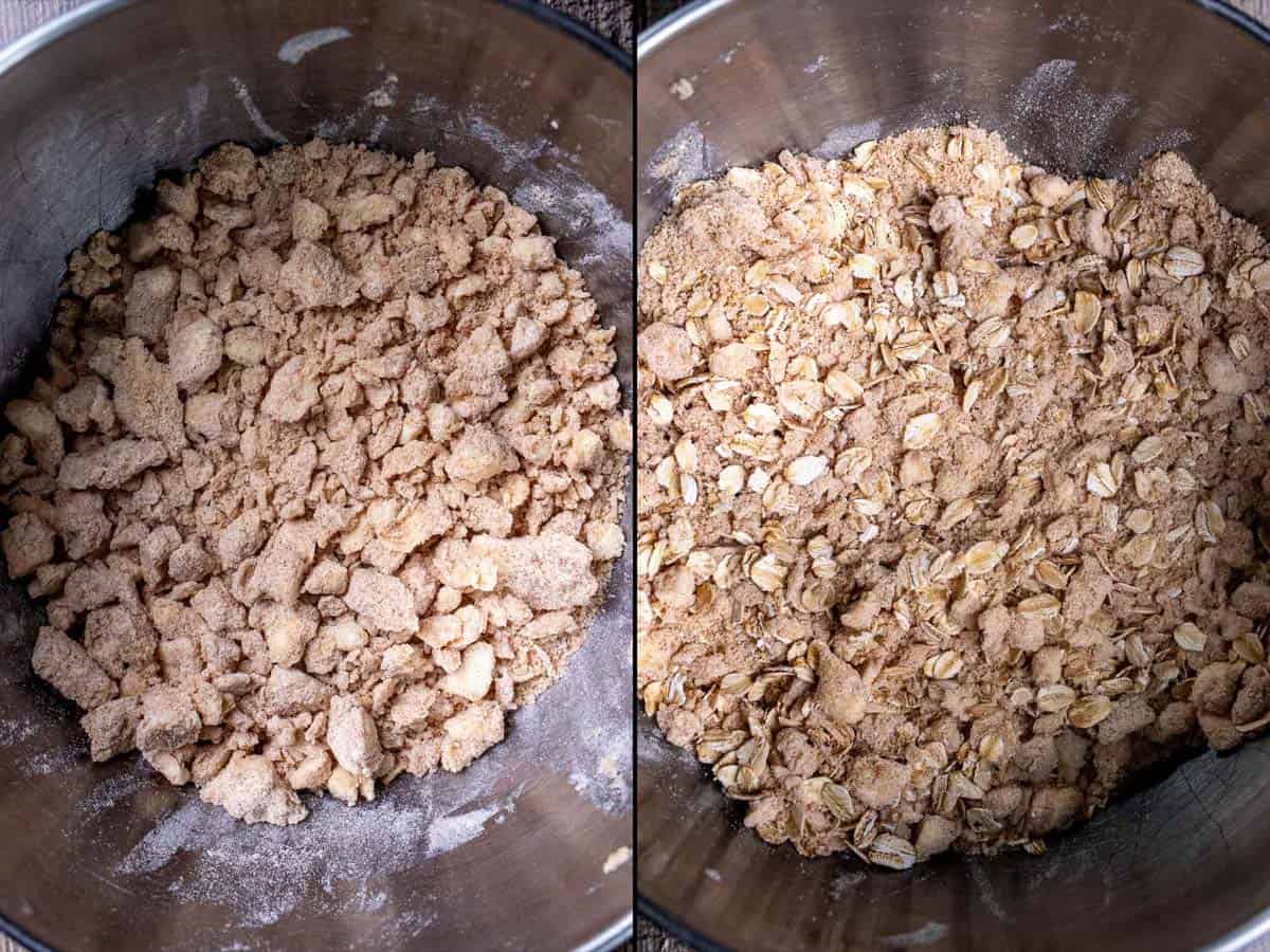 On the left: streusel ingredients mixed in a bowl. On the right: rolled oats added and mixed in with streusel topping.