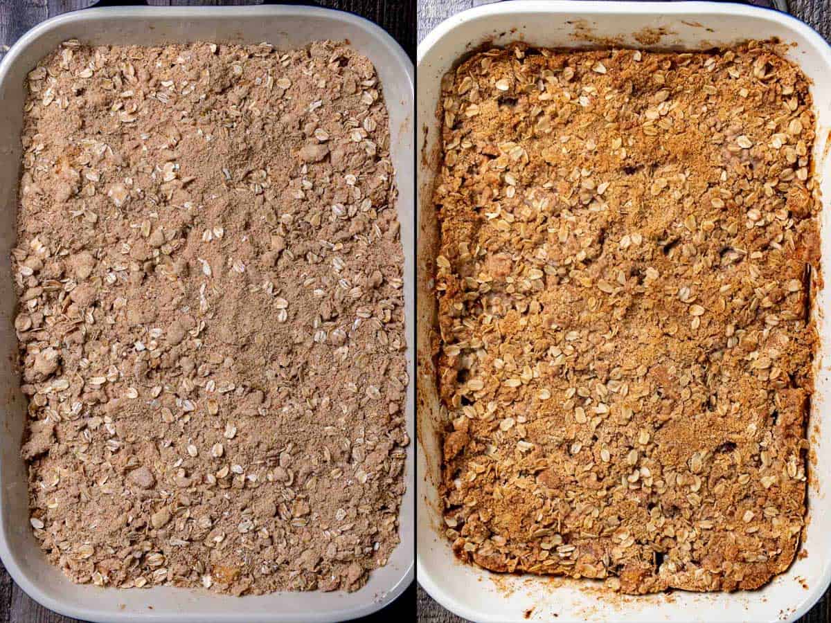 On the left: baking dish with apples covered by crisp topping. On the right: apple crisp after baking in the oven.