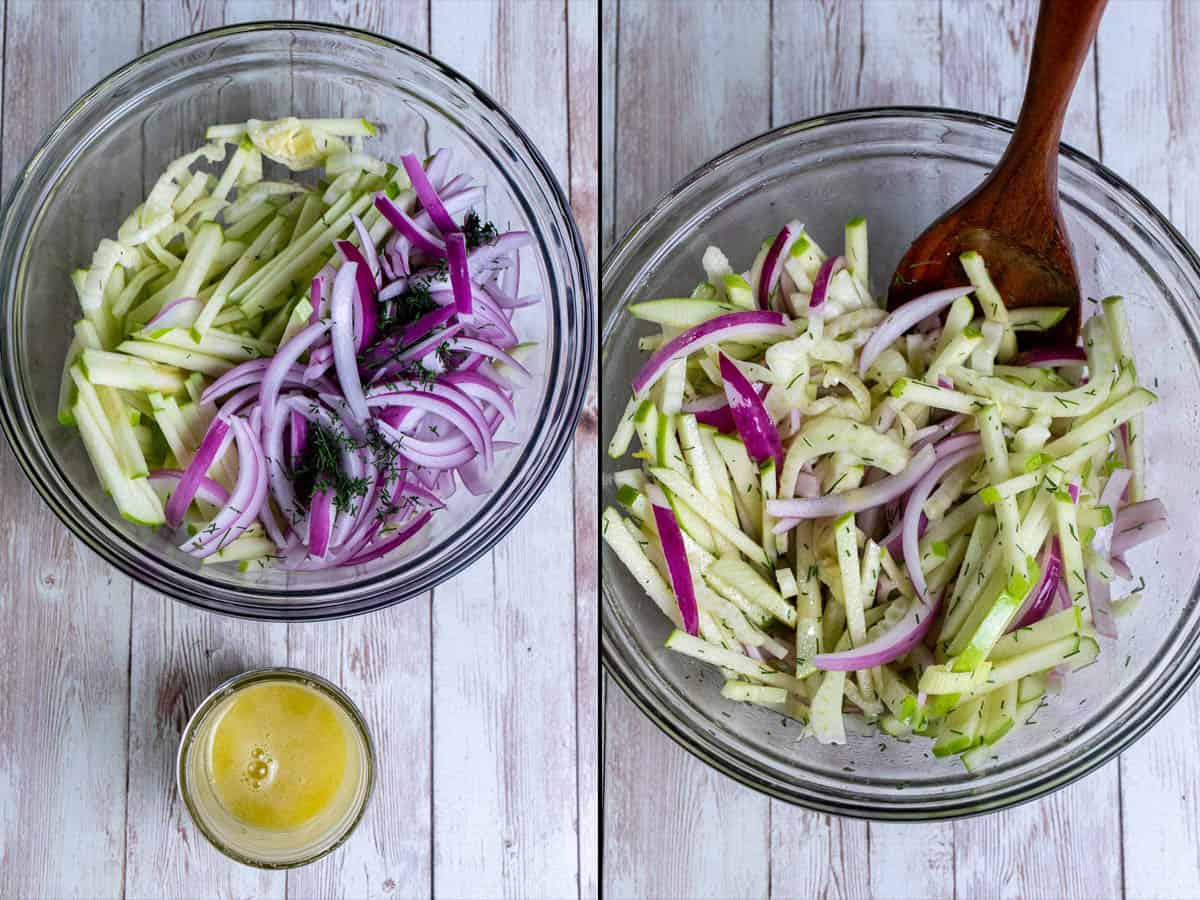 On the left: apple and fennel slaw ingredients in a glass mixing bowl with the lemon dressing in a small glass jar. On the right: the ingredients in a and dressing tossed together. 