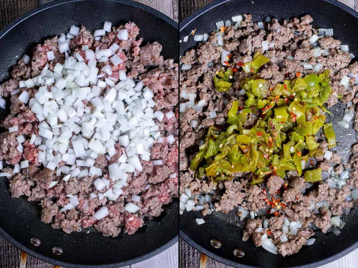 On the left: cooking breakfast sausage and diced onion. On the right: adding chopped Hatch chiles and crushed red pepper flakes.