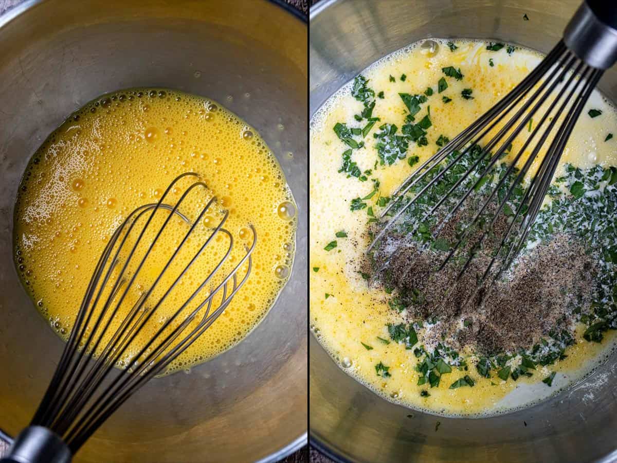 On the left: whisking eggs for quiche. On the right: adding half-and-half and minced cilantro.