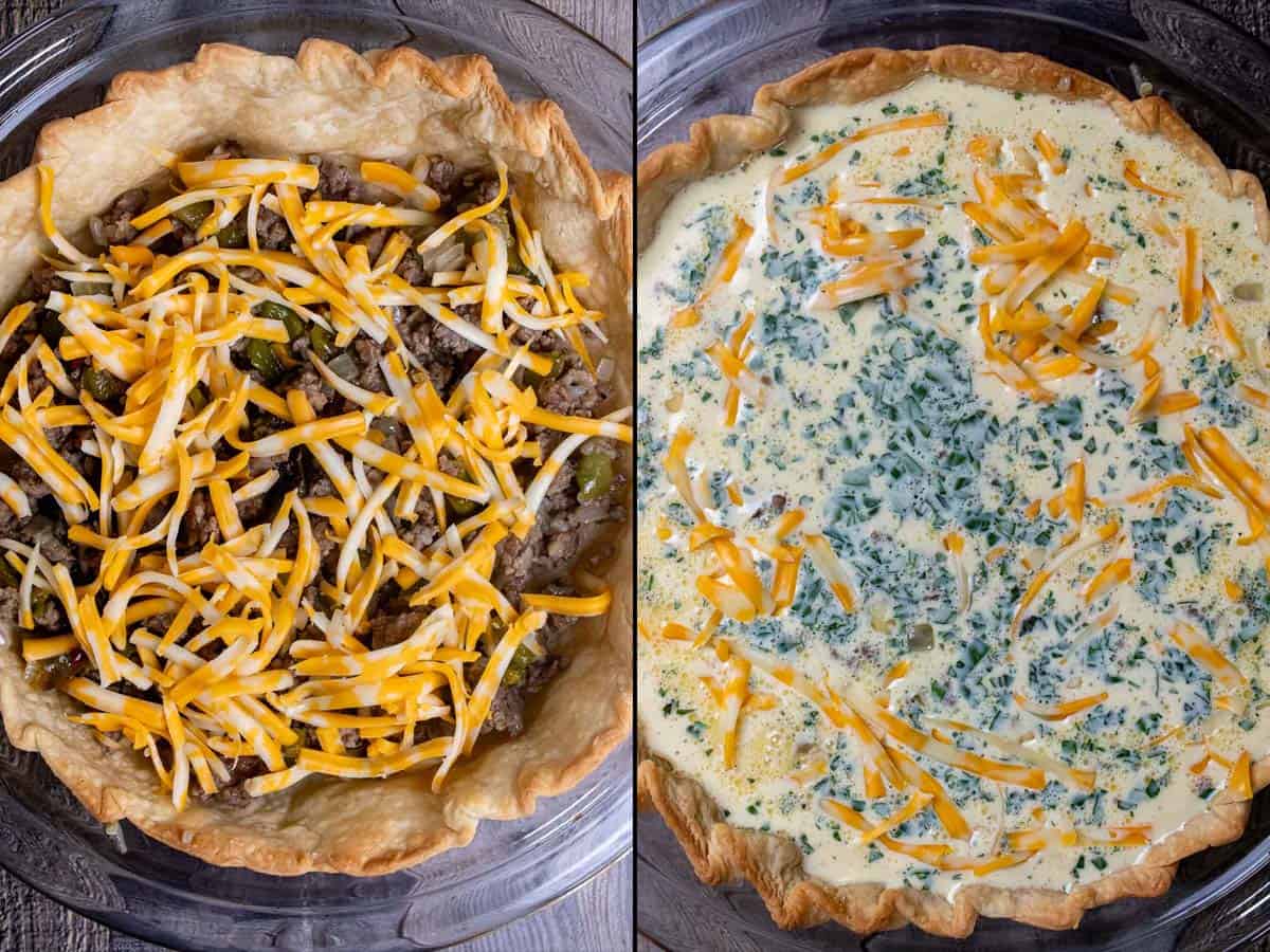 On the left: adding sausage and cheese mixture to quiche. On the right: adding the egg mixture on top of the sausage filling. 
