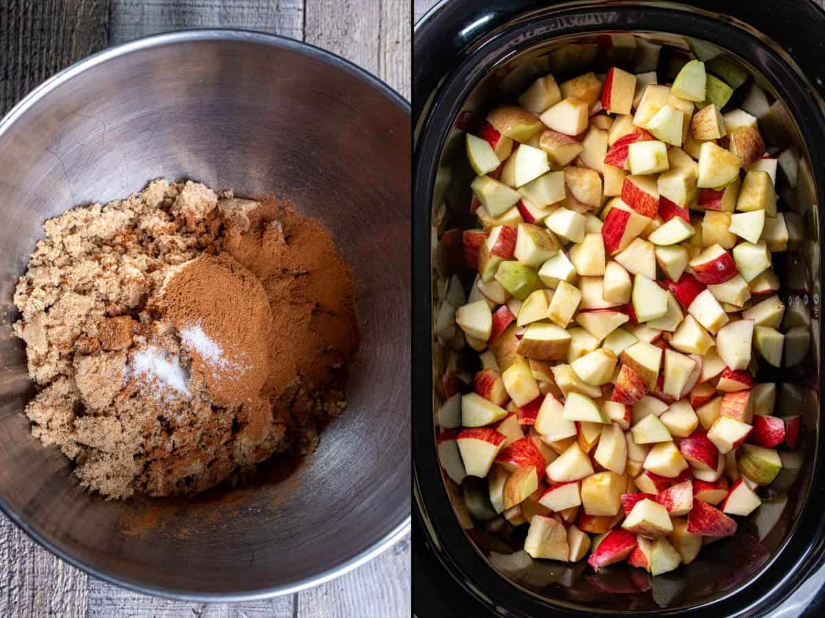 On the left: sugar and spices for making apple butter. On the right: chopped and unpeeled apples in a slow cooker.