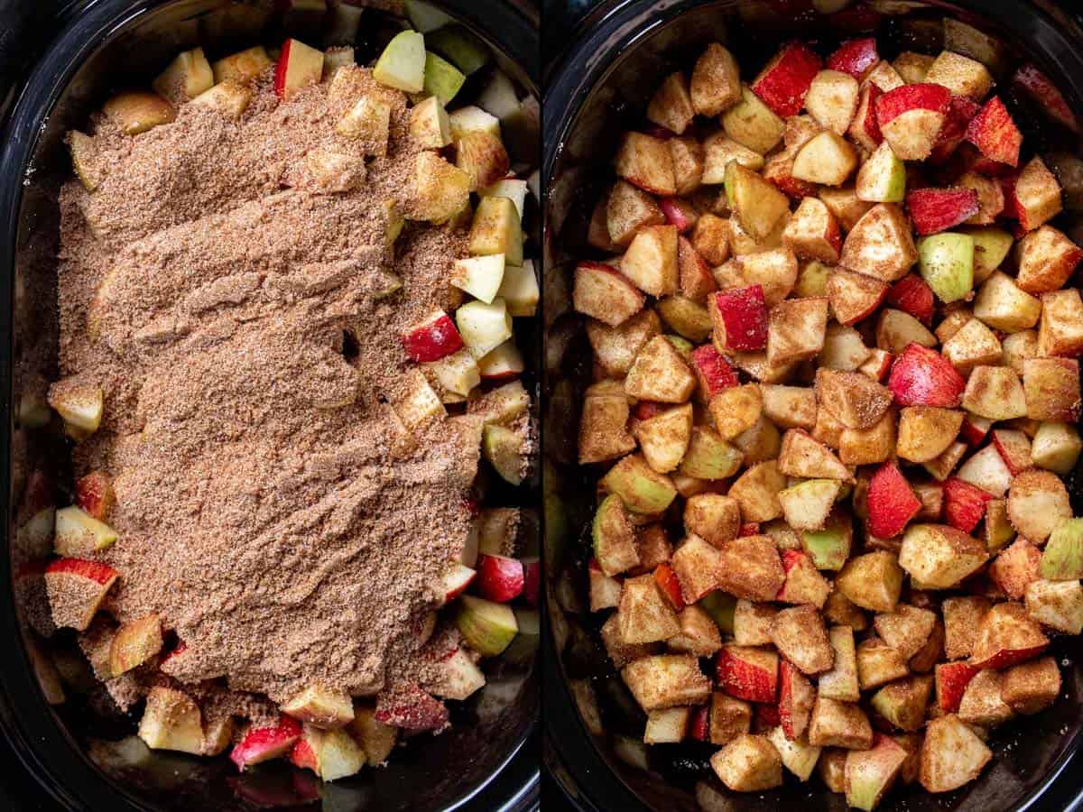 On the left: adding sugar and spice mixture on top of chopped apples. On the right: mixing until dry ingredients are fully incorporated.