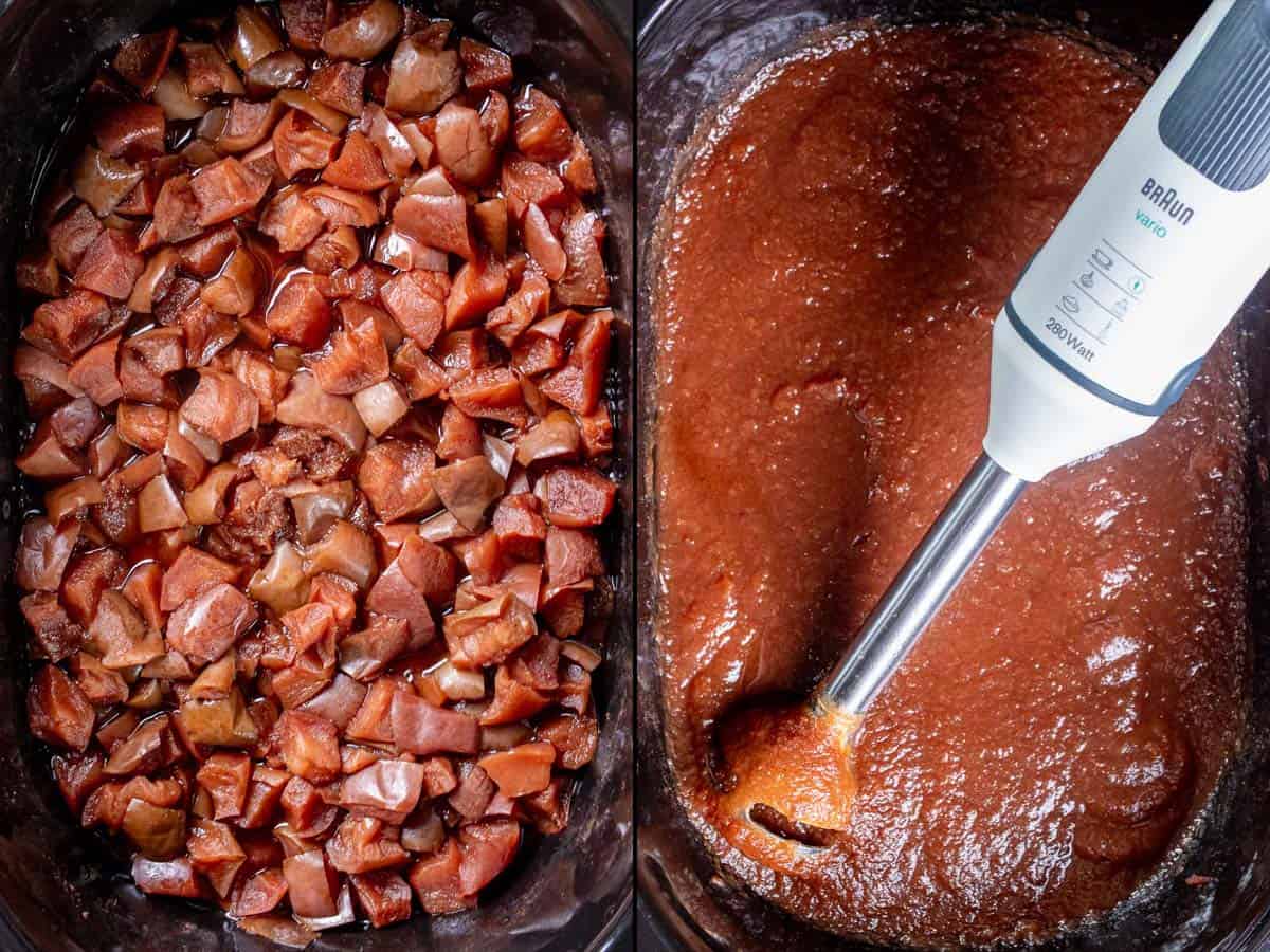 On the left: apples cooked down after 10 hours in slow cooker. On the right: using an immersion blender to puree the apples. 