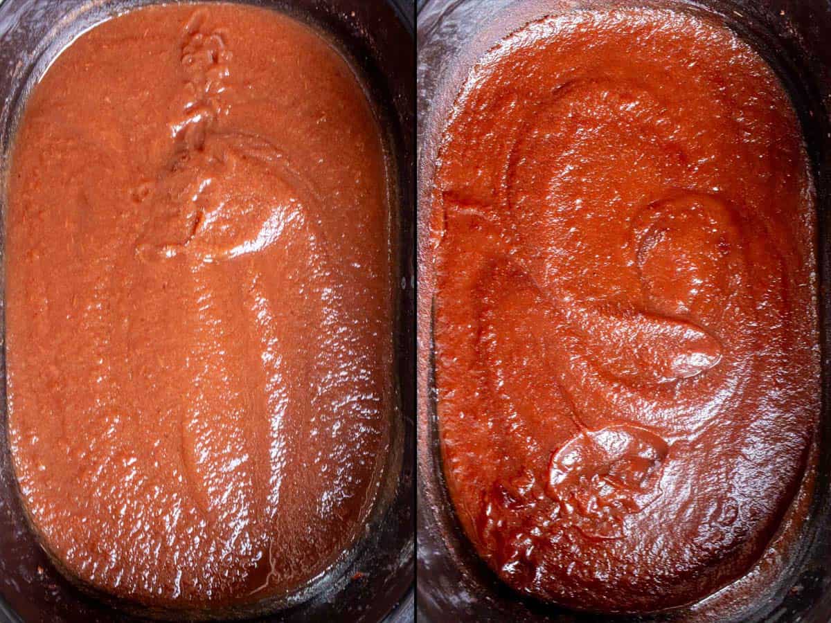 On the left: pureed apple butter after 10 hours of slow cooking. On the right: thickened and reduced apple butter.