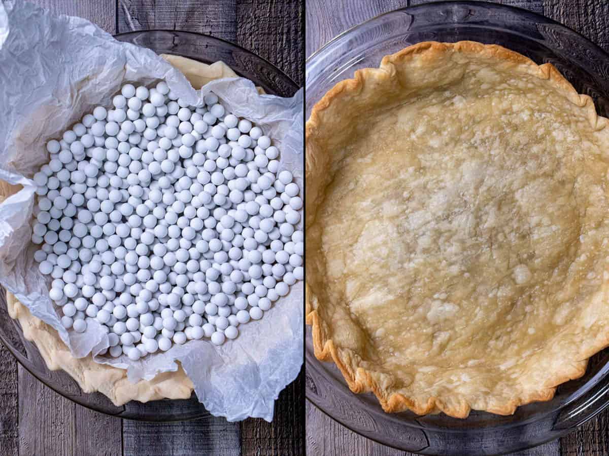 On the left: pie crust with parchment paper and filled with pie weights. On the right: the par baked pie crust.