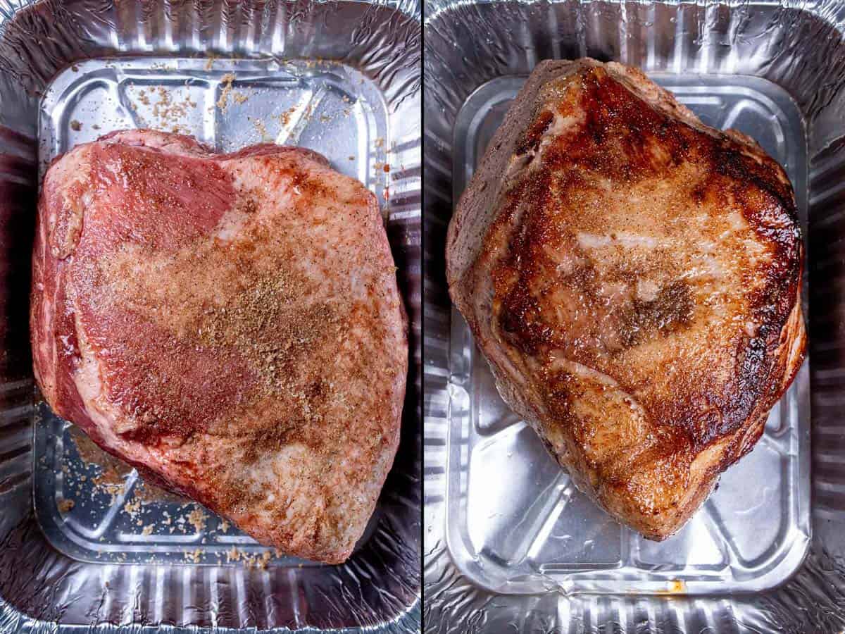 Before and after of adding rub to pork shoulder and searing it on each side.