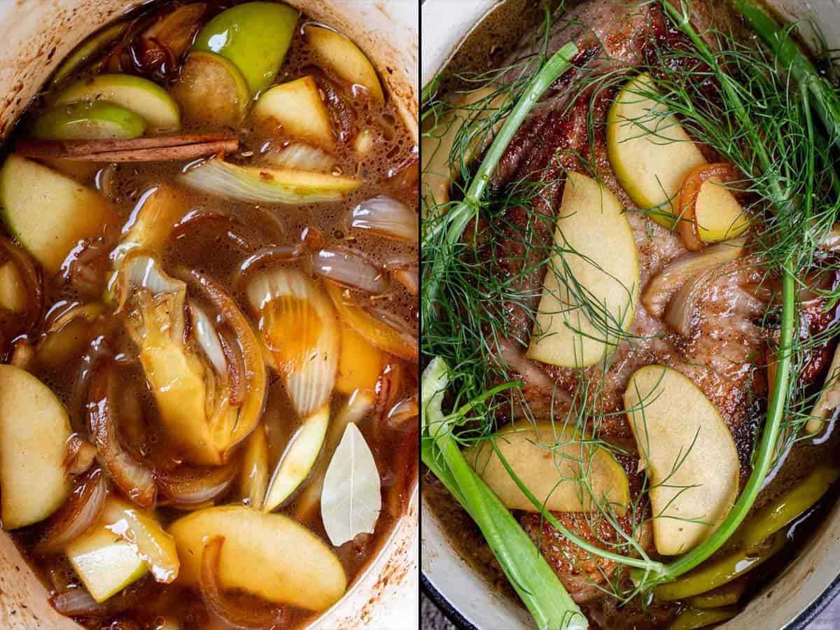 On the left: deglazing the Dutch oven with apple cider. On the right: adding the pork shoulder and enough liquid to partially submerge for braising.