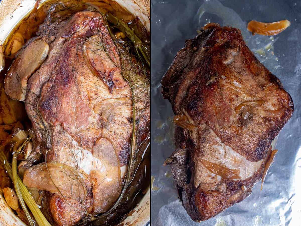 On the left: the finished cider braised pork shoulder. On the right: the pork shoulder resting on a foil lined baking sheet.