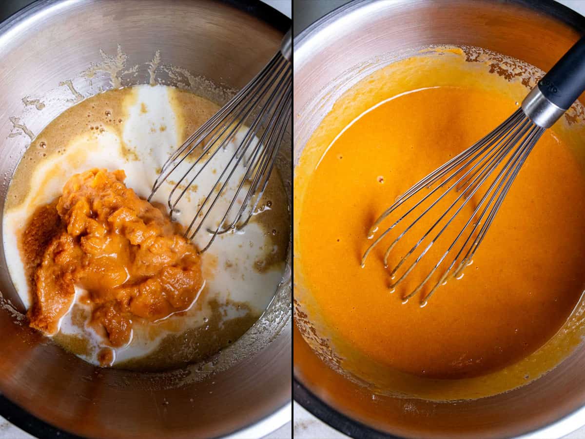 Adding the pumpkin puree and milk to the wet ingredients and whisking again until smooth.
