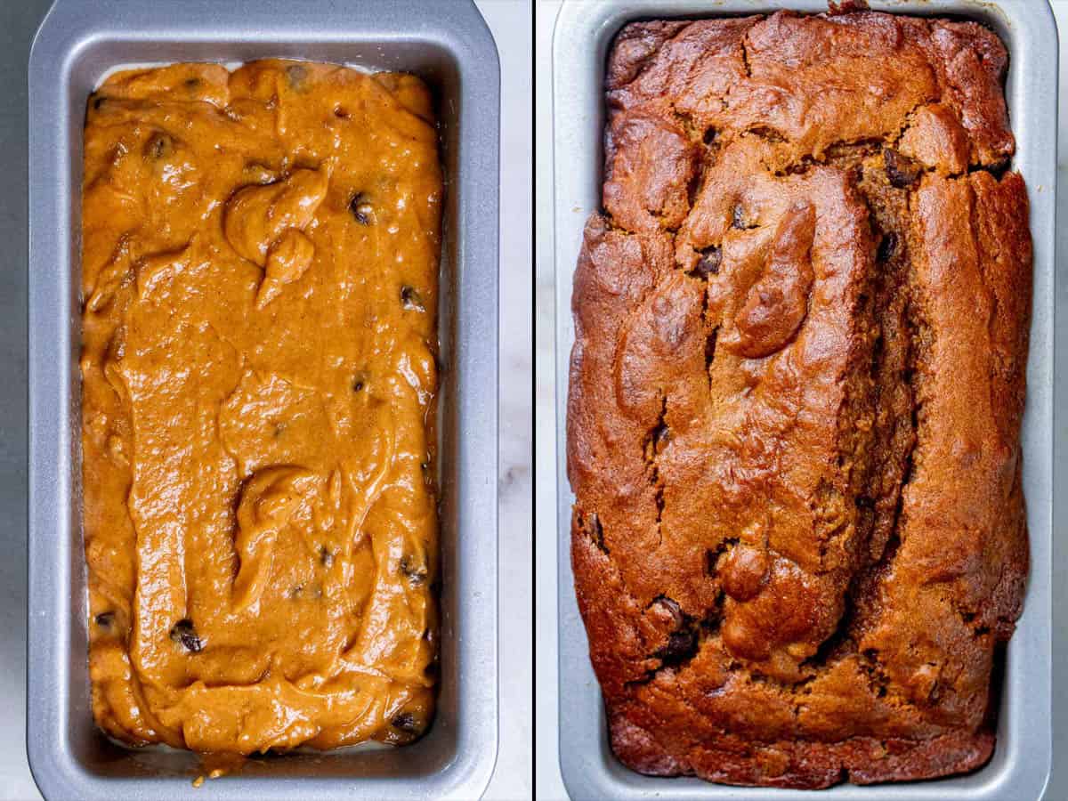 On the left: the pumpkin bread batter poured into an 8x4 loaf pan. On the right: pumpkin chocolate chip bread after baking.
