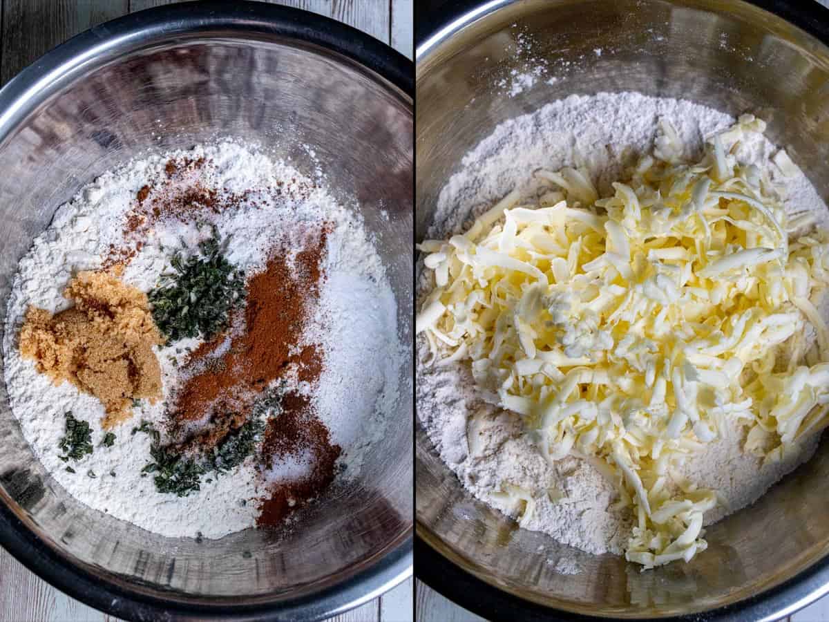 On the left: adding dry ingredients for pumpkin biscuits into a mixing bowl. On the right: grating butter into the dry ingredients.