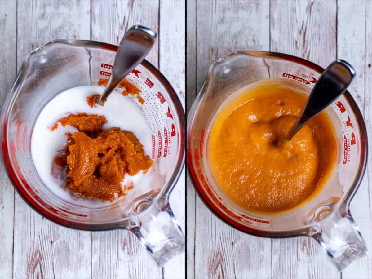 Adding pumpkin puree to buttermilk and mixing until smooth.