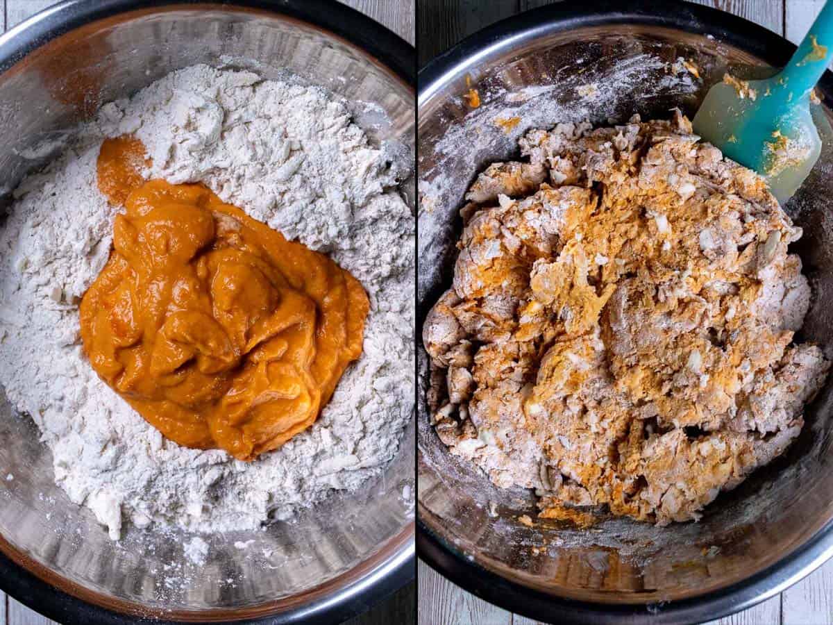 On the left: adding pumpkin and buttermilk to the dry ingredients. On the right: mixing until a shaggy dough forms.