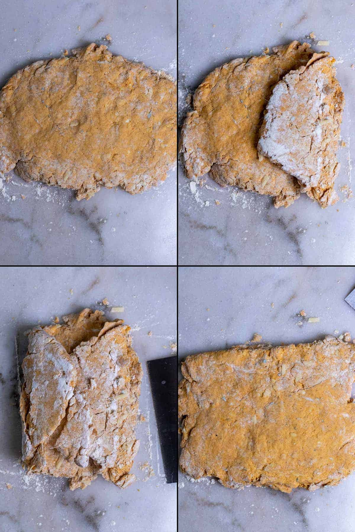 4 photos of folding the dough for biscuits.