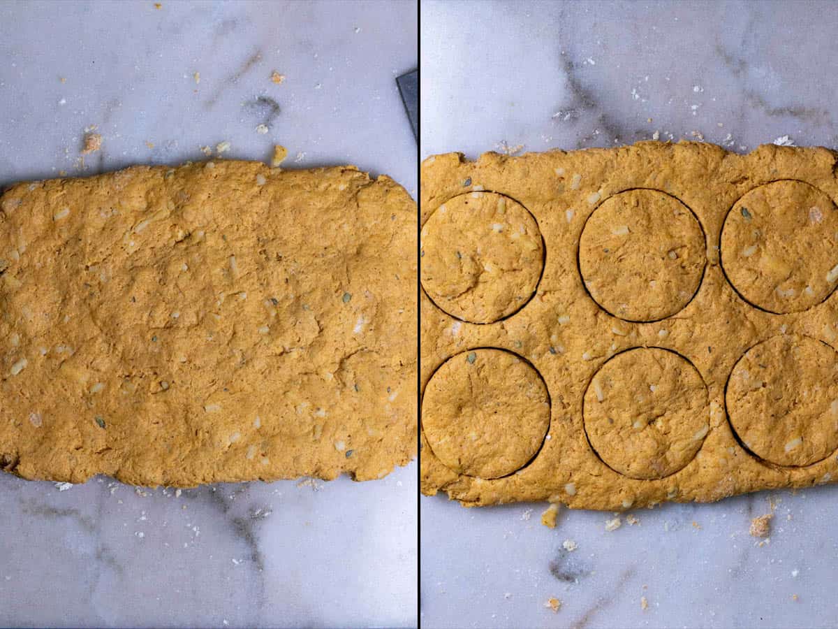 On the left: folded biscuit dough shaped into a rectangle 1" thick. On the right: cutting biscuits out of the dough.