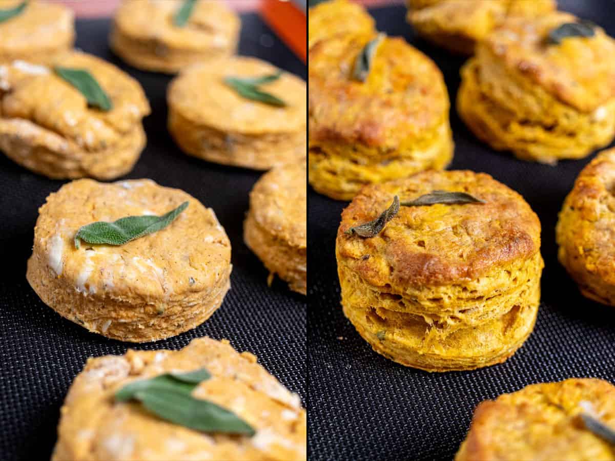 Before and after photos of pumpkin sage buttermilk biscuits being cooked.