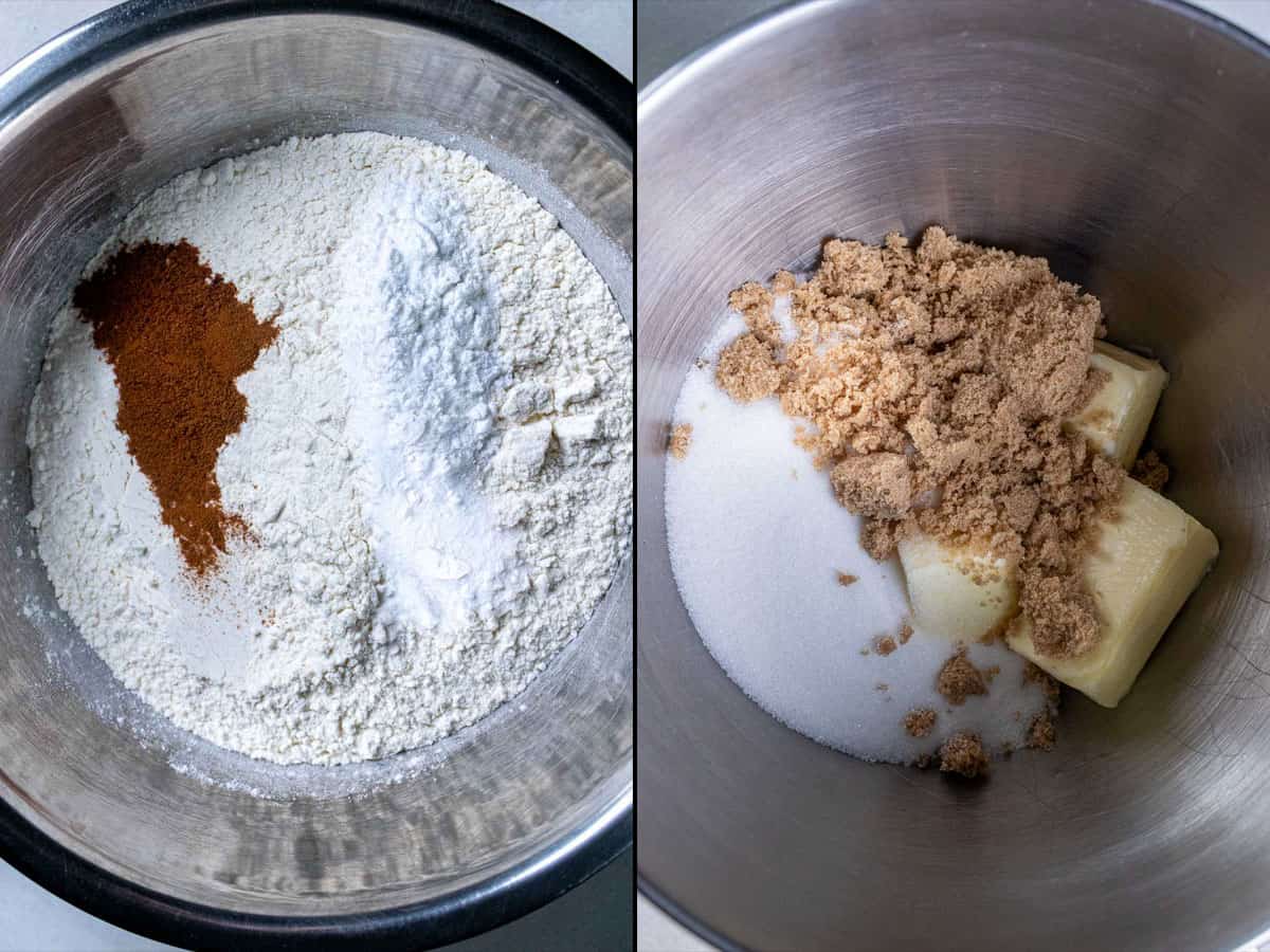 On the left: whisk together dry ingredients for eggnog snickerdoodles. On the right: cream butter and sugar together.