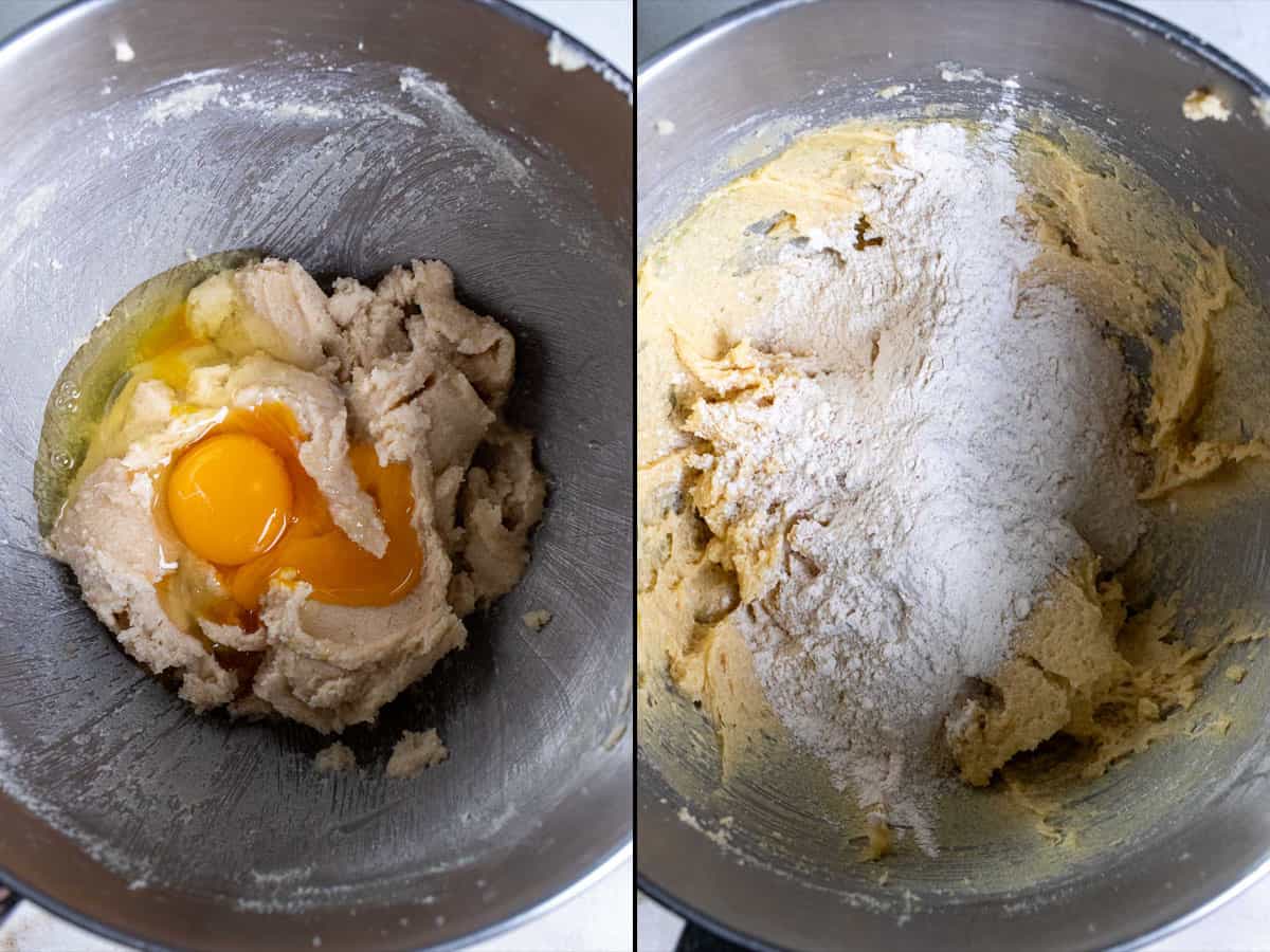 On the left: add the eggs and extracts and mix. On the right: add the dry mixture and combine.
