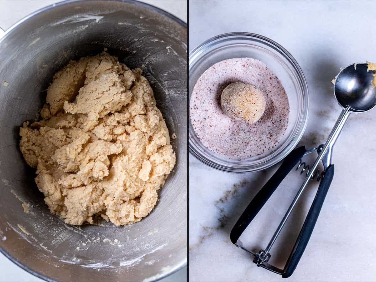 On the left: finished snickerdoodle cookie dough. On the right: rolling the dough through the nutmeg-cinnamon sugar coating.
