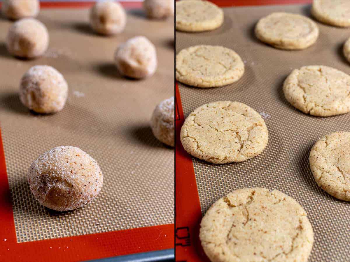 On the left: rolled and coated eggnog snickerdoodles ready for baking. On the right: baked and pressed eggnog snickerdoodles.
