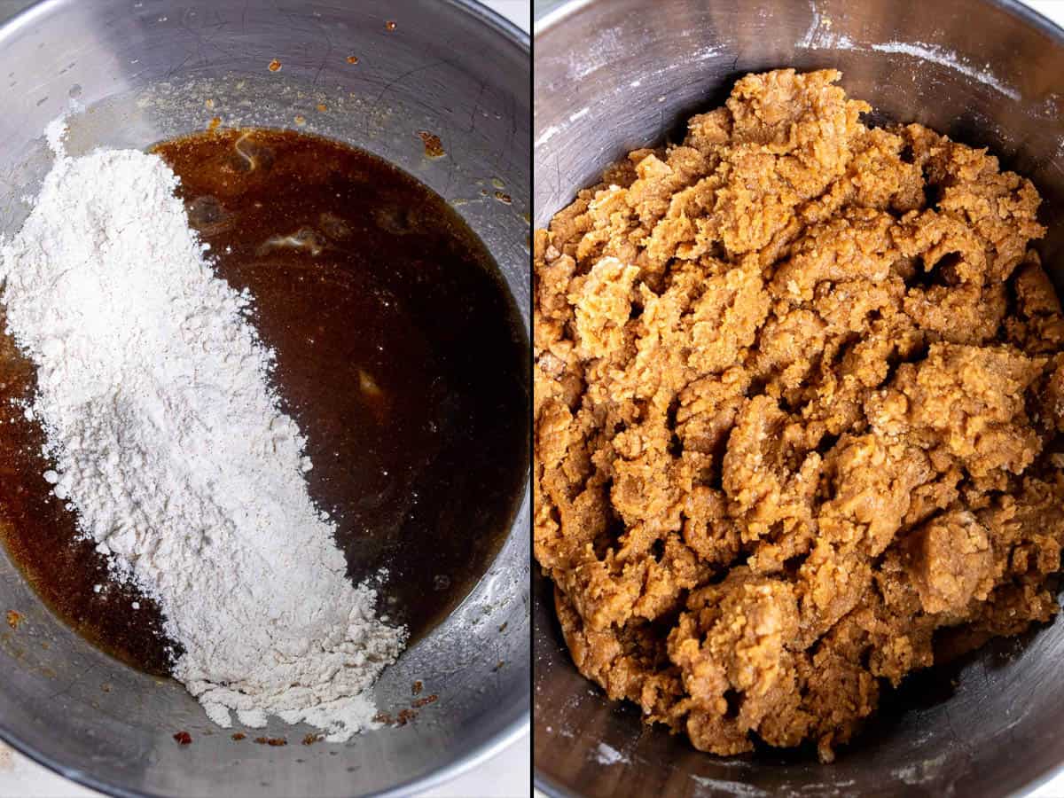 On the left: adding the dry ingredients to the wet ingredients. On the right: the gingerbread snickerdoodle cookie dough.