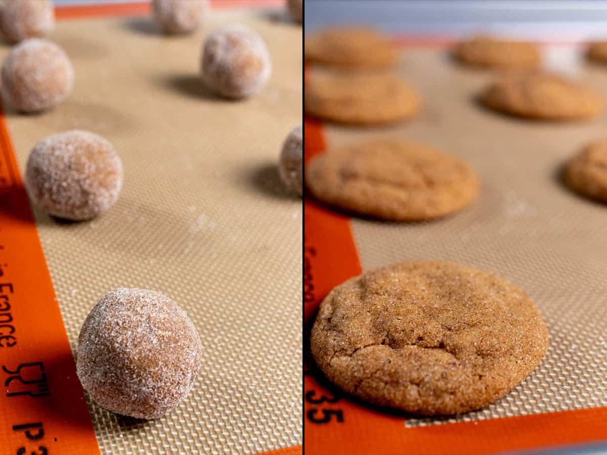 Before and after of baking gingerbread snickerdoodle cookies.