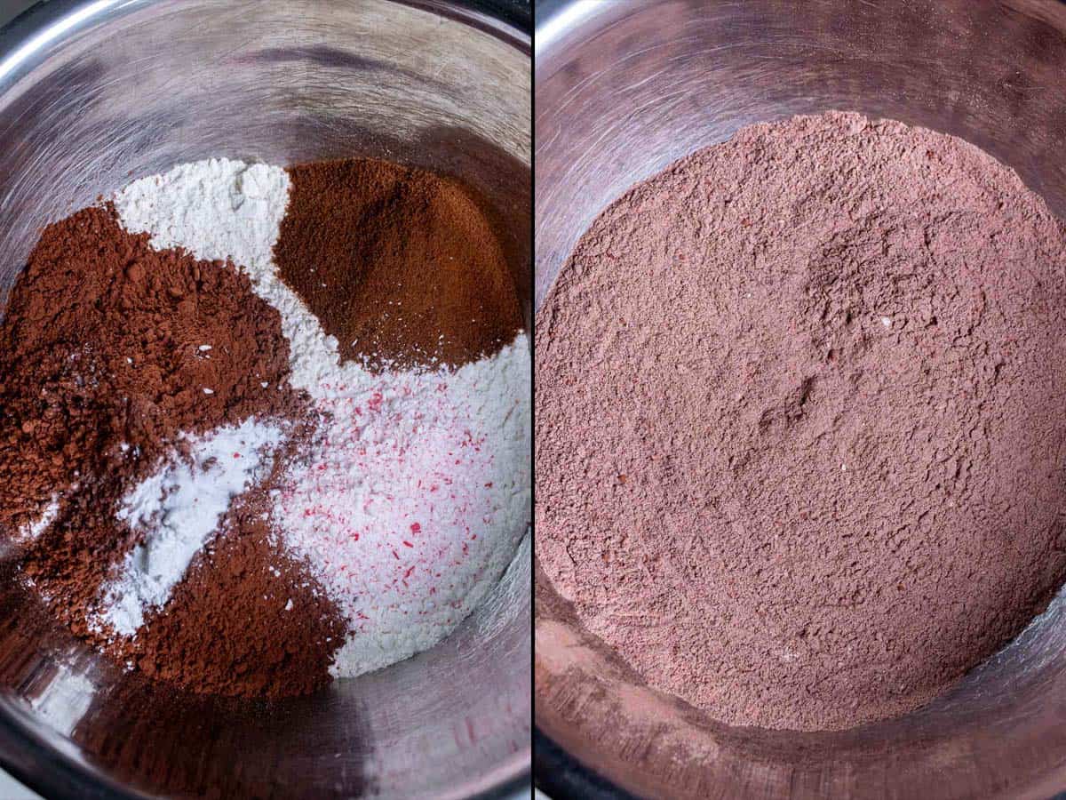 Before and after of whisking together dry ingredients for peppermint mocha cookies.