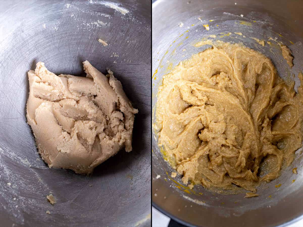 On the left: creaming butter and sugars together. On the right: adding eggs and extract and mixing.