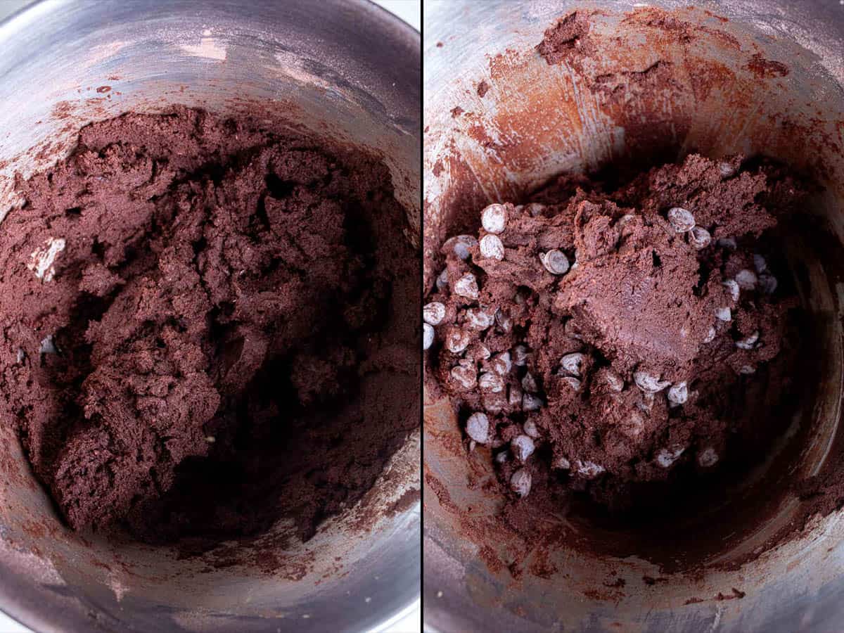 On the left: adding dry ingredients to the wet and mixing until just combined. On the right: folding in chocolate chips.