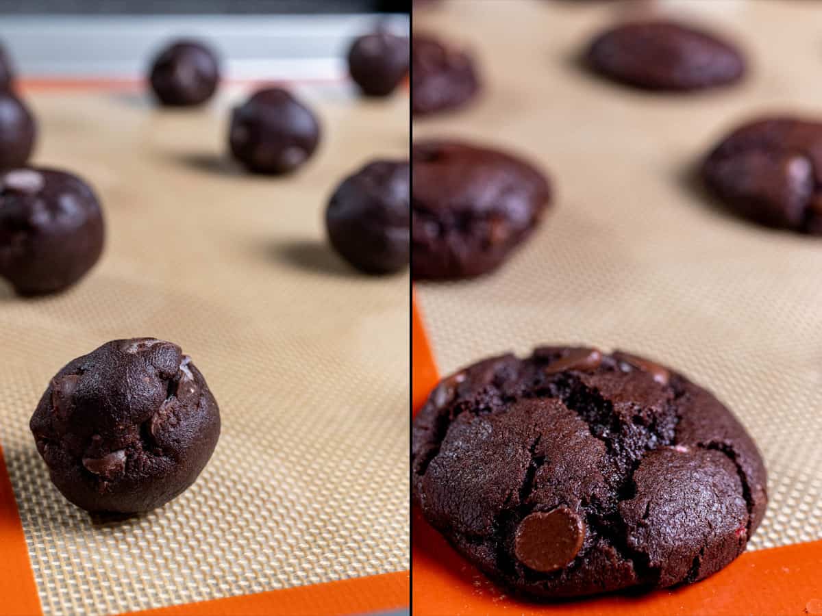 Before and after of baking peppermint mocha cookies.