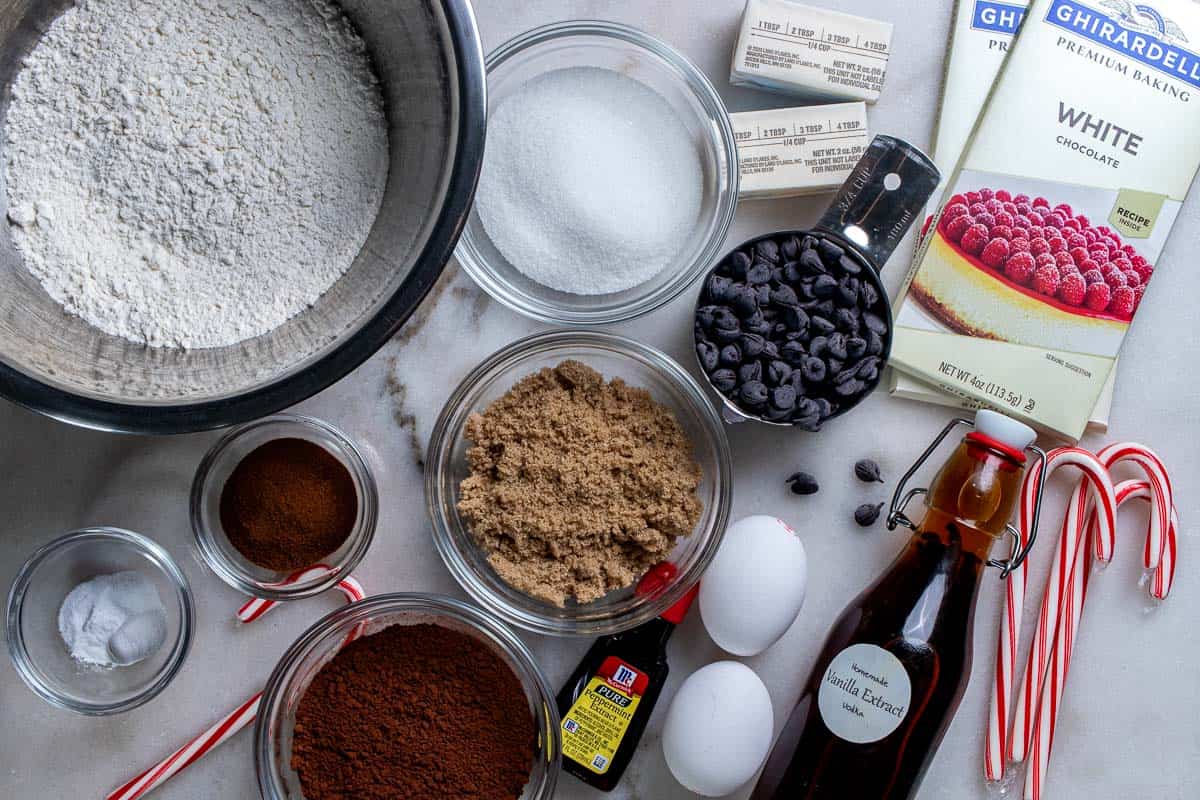 Ingredients for making peppermint mocha cookies.