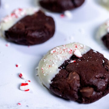 Close up of peppermint mocha cookies on marble.