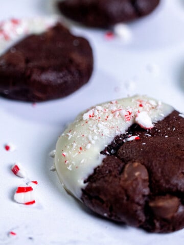 Close up of peppermint mocha cookies on marble.