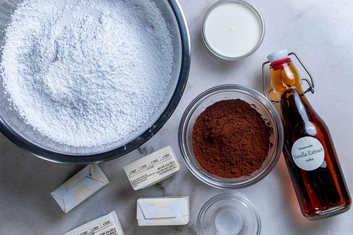 Ingredients for hot cocoa buttercream frosting.