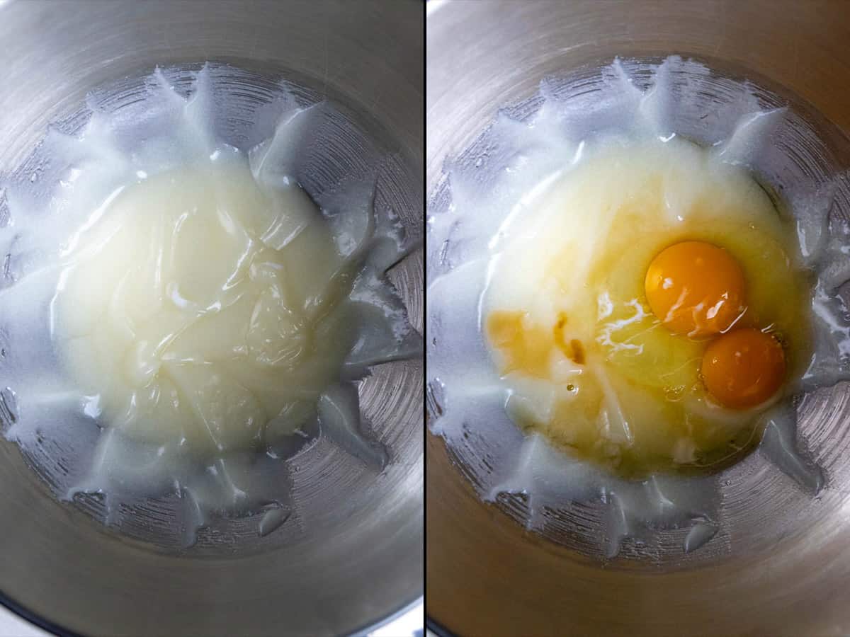 Mixing the sugar and wet ingredients together for the cupcakes, then adding an egg and yolk.