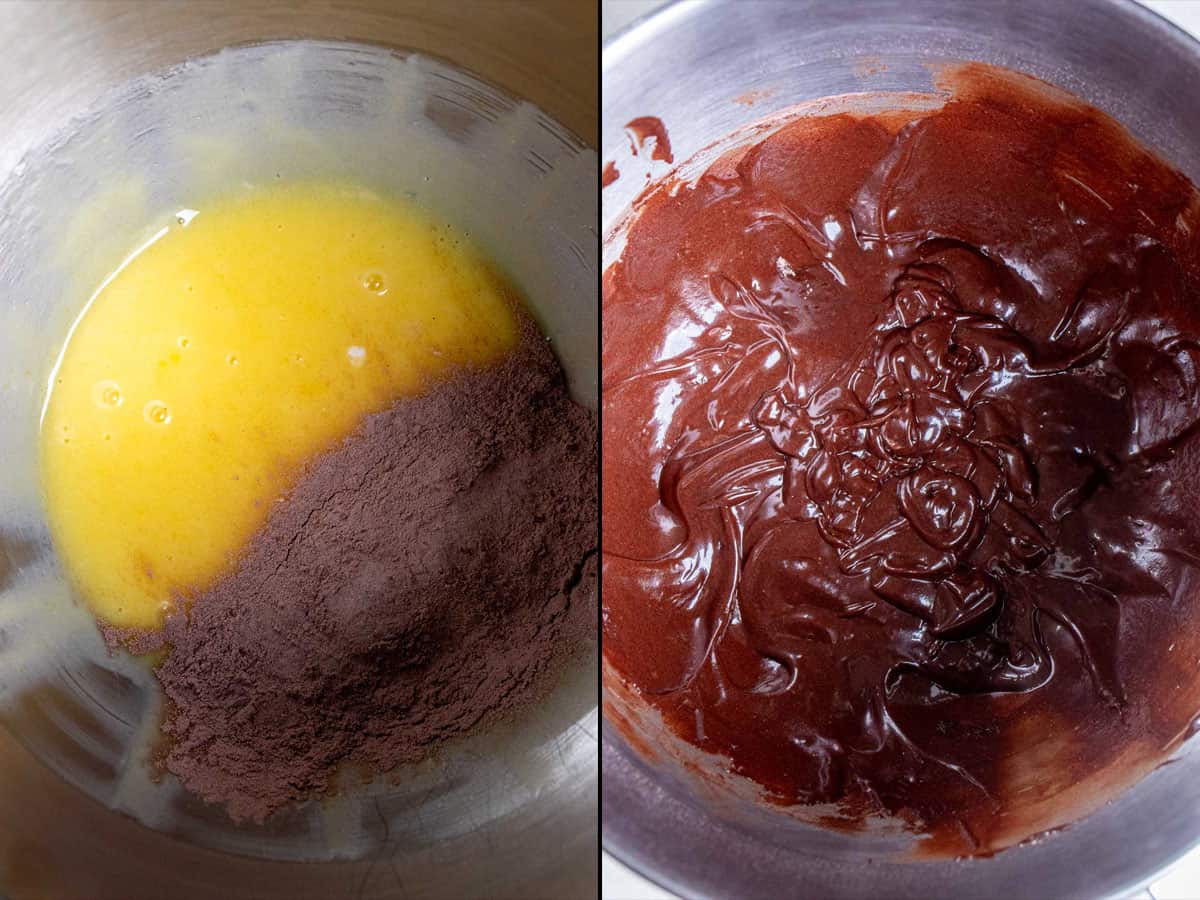 On the left: adding the dry ingredients to the wet ingredients for the chocolate cupcakes. On the right: the thick chocolate batter.