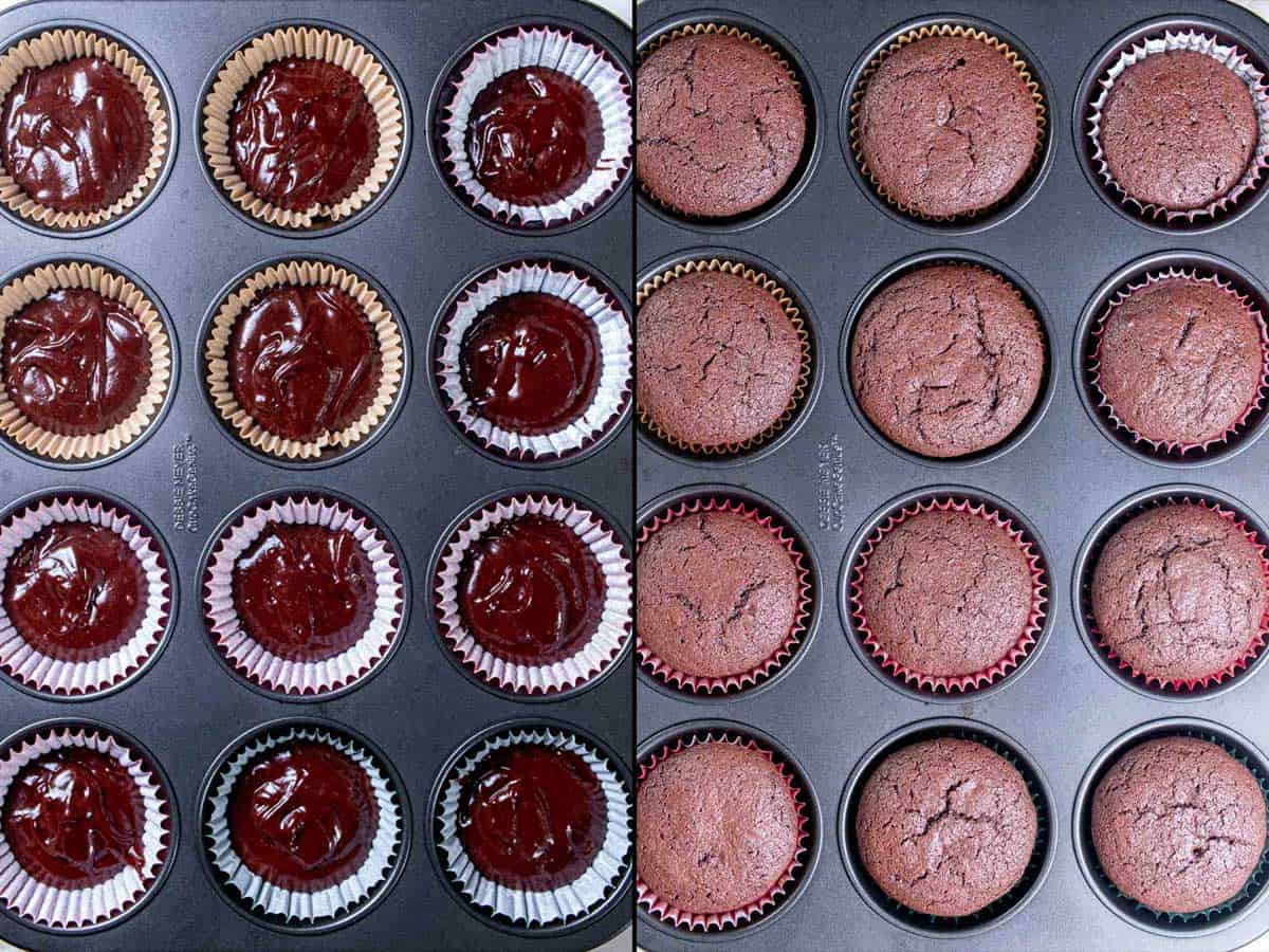 Before and after of filling a lined muffin tin and baking the hot chocolate cupcakes.
