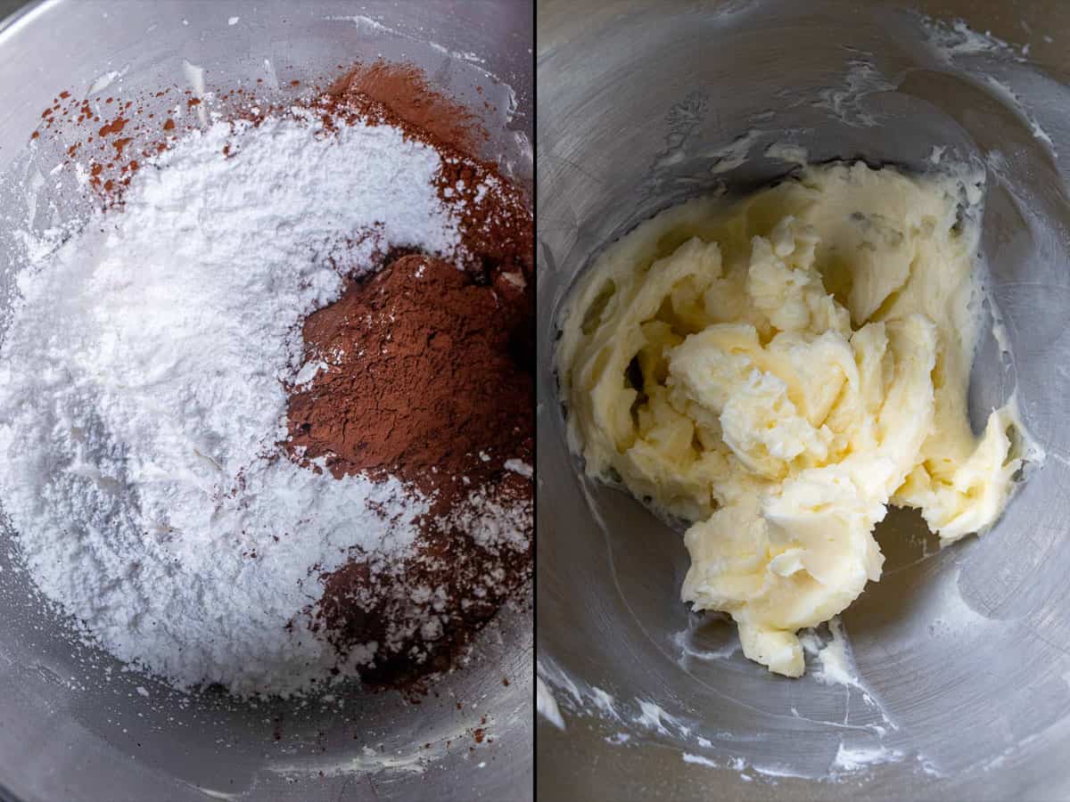 On the left: the dry ingredients for hot cocoa buttercream sifted together. On the right: butter and some powdered sugar creamed together.