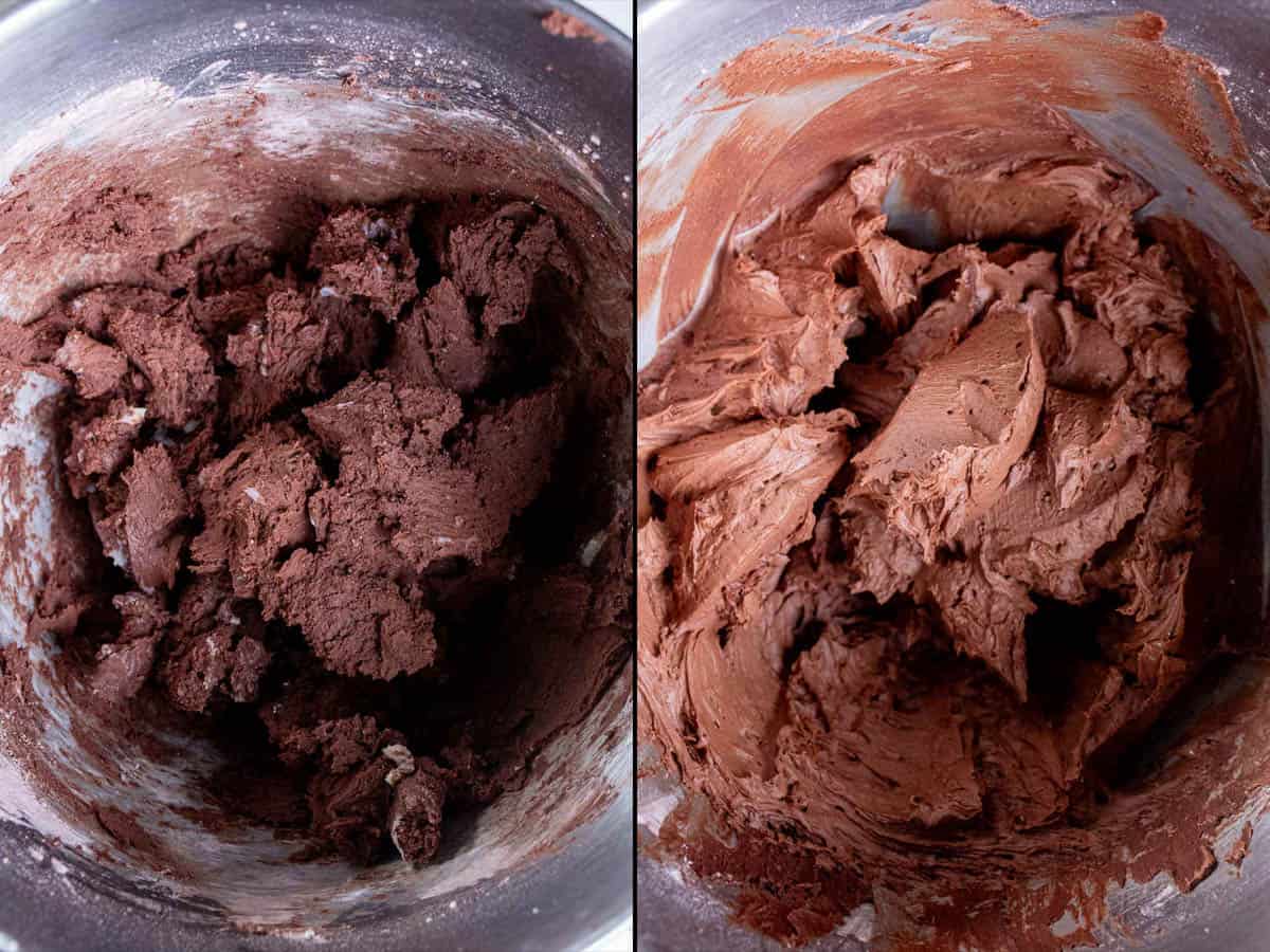 Before and after of hot cocoa buttercream with heavy cream added and whipped at high speed until fluffy.