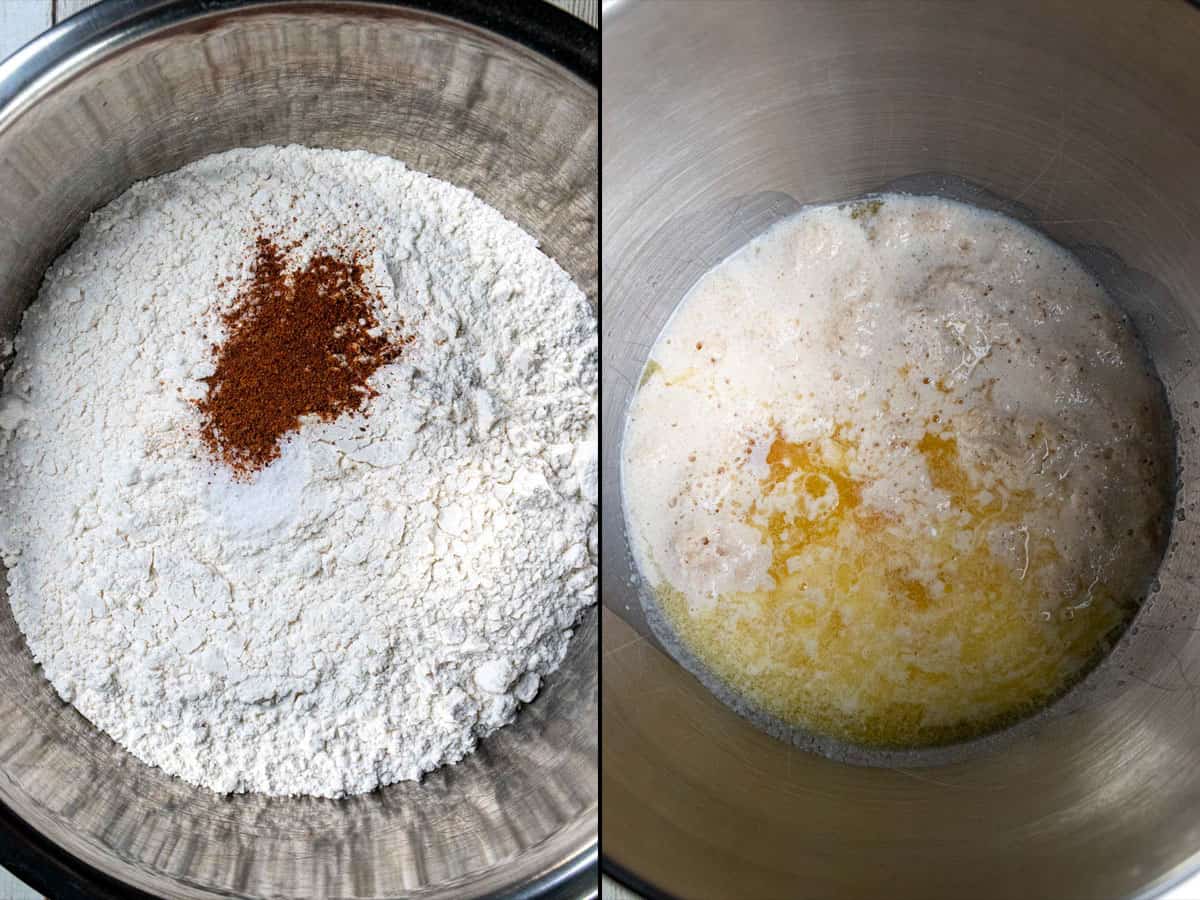 On the left: mixing dry ingredients together for king cake. On the right: mixing melted butter, eggs, and sugar.