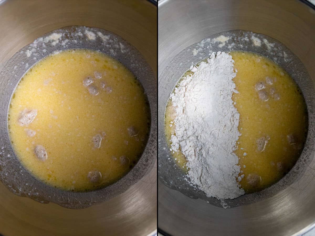 Before and after adding the dry ingredients to the wet ingredients, for king cake.