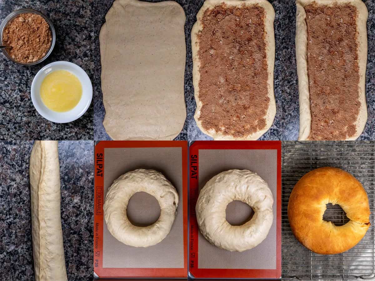 8 photo steps for rolling out king cake dough, adding butter and cinnamon-sugar, then rolling into a log and twisting into a wreath, letting rise again, then baking.