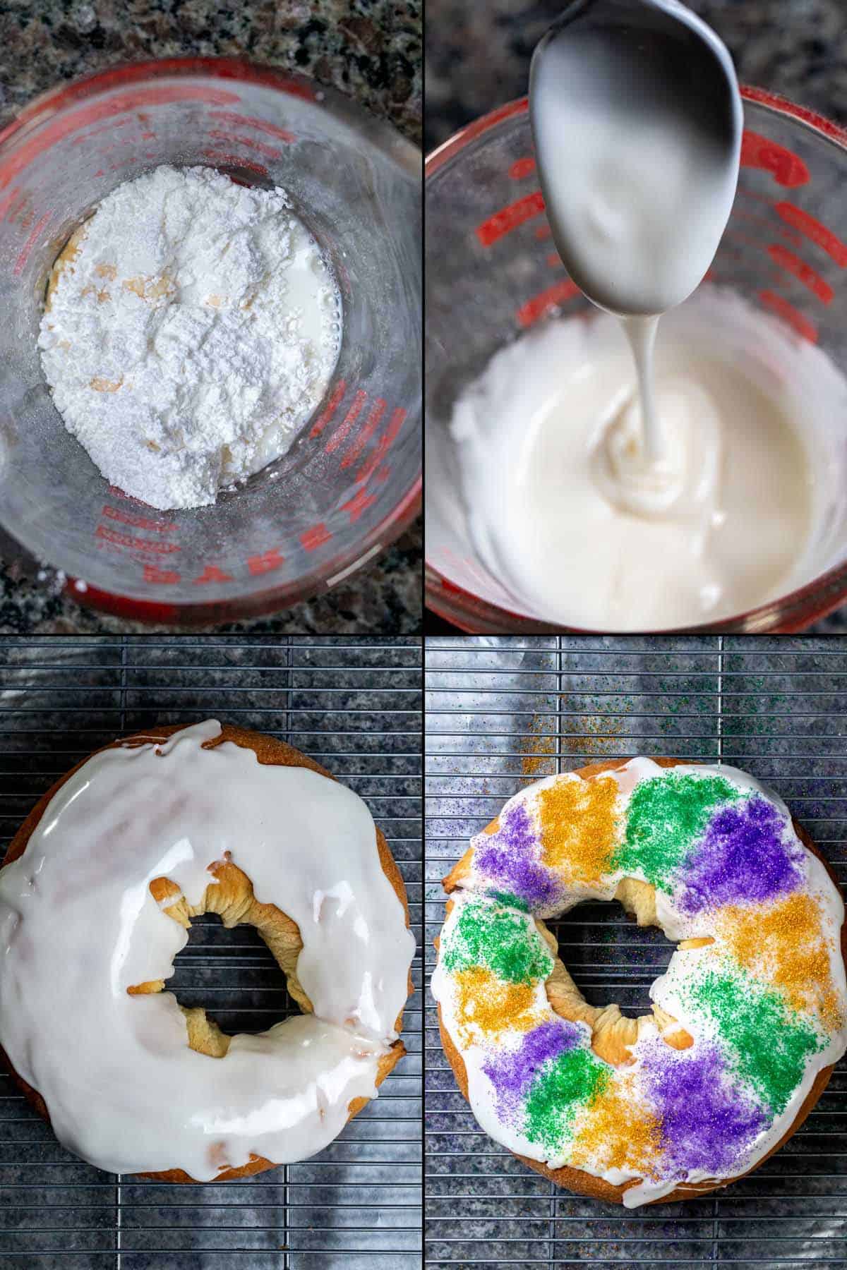 4 images showing the icing for king cake being made, poured over the cake, then decorated with purple, green, and gold sanding sugar.
