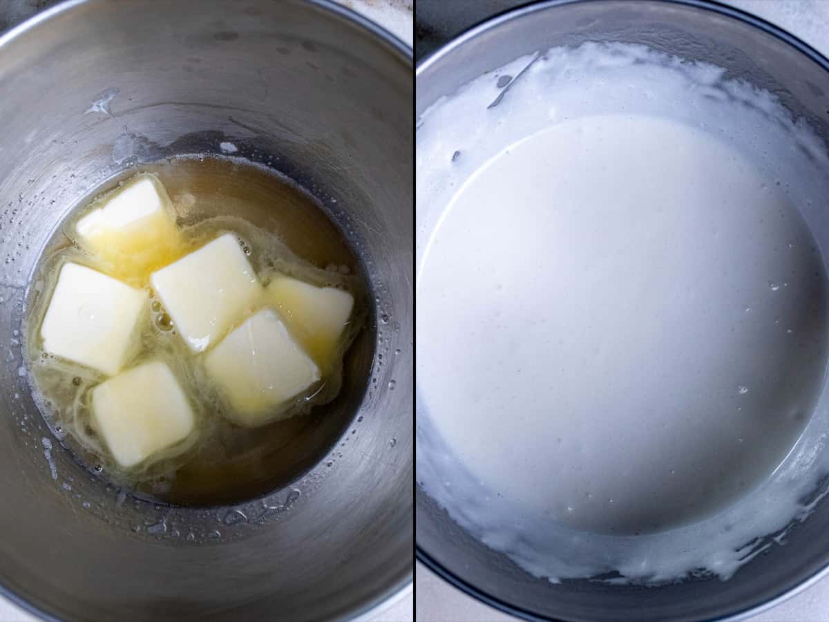 Before and after vigorously whisking the ingredients together for a marshmallow filling.