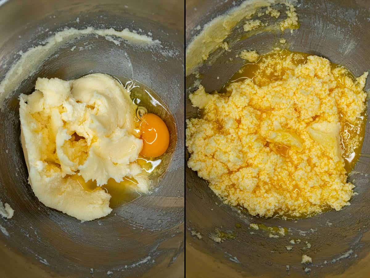 Before and after adding eggs and wet ingredients. Mixture will appear curdled.