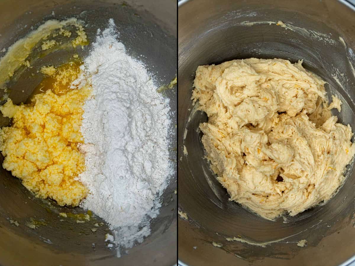 Before and after adding dry ingredients into the wet ingredients to make Meyer lemon cookie dough.