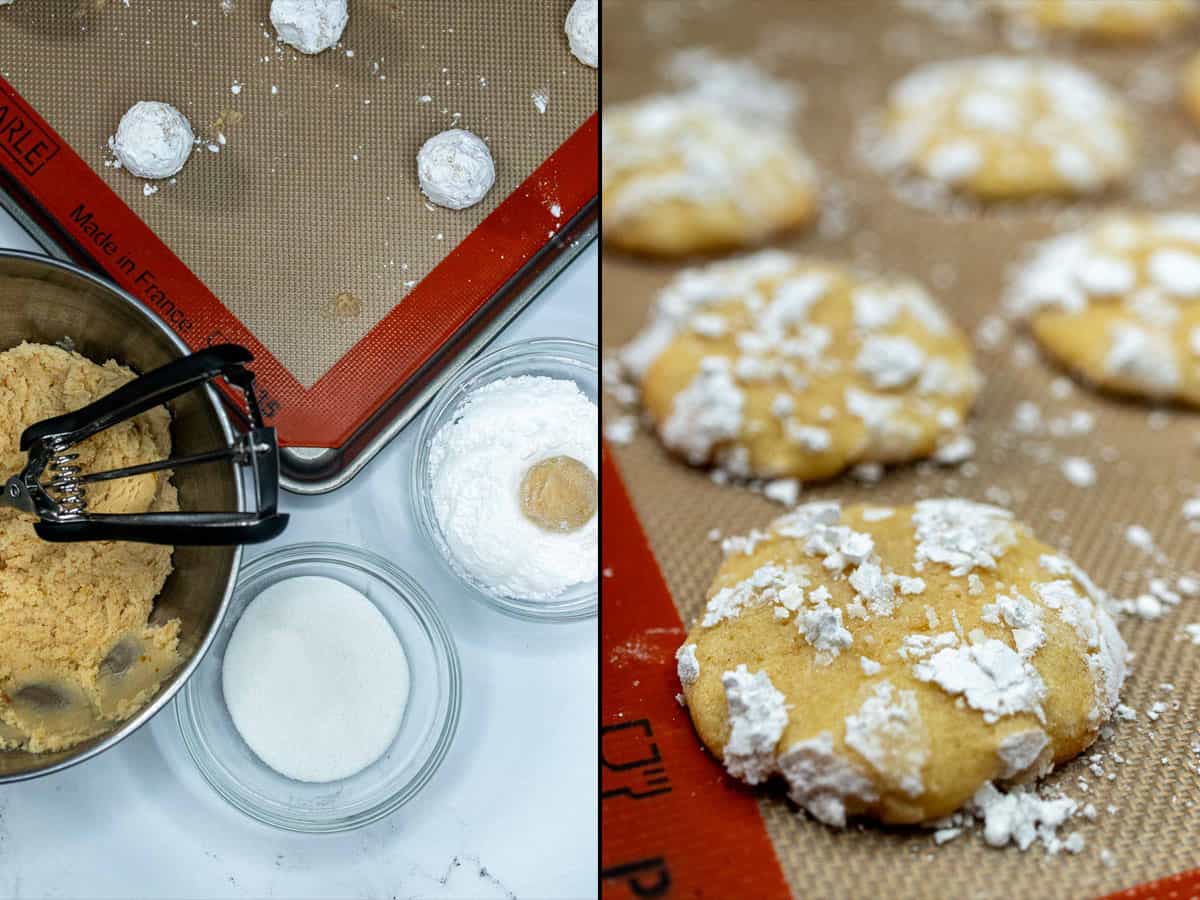 Rolling lemon crinkle cookies in powdered sugar and then baking.